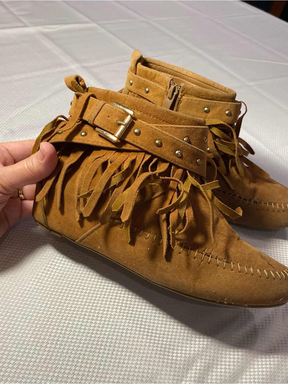 Bella Marie Tan Suede Fringe Moccasins with Studded Buckle